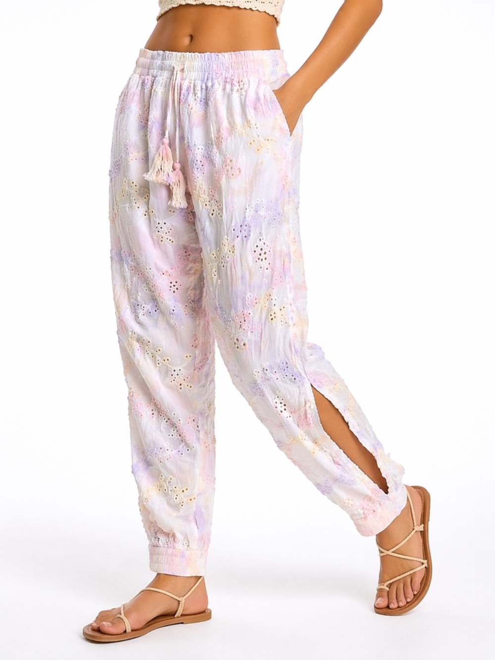 YFB Embroidered Eyelet Pants Size S White Pastel Boho Tassel Slit Leg